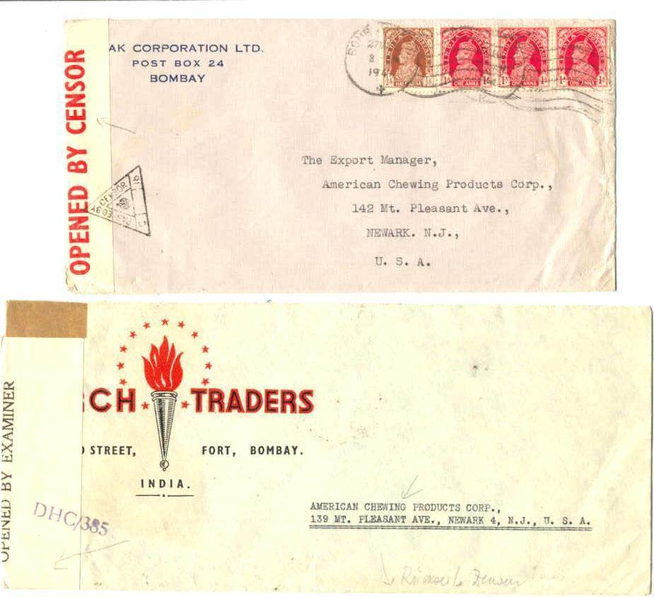 India/USA 2 censored covers/1941/Bombay
