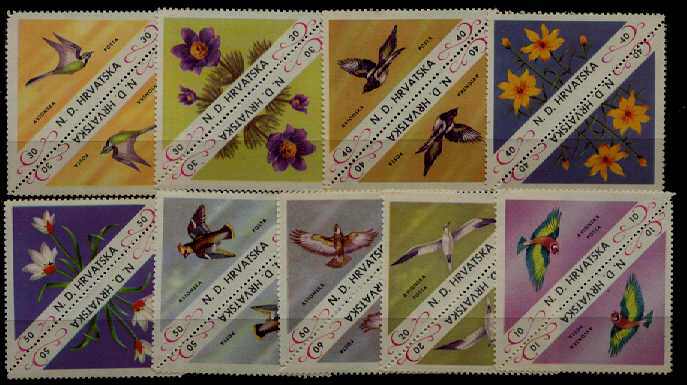 Croatia 9 MNH pairs Flowers/Birds/triangles