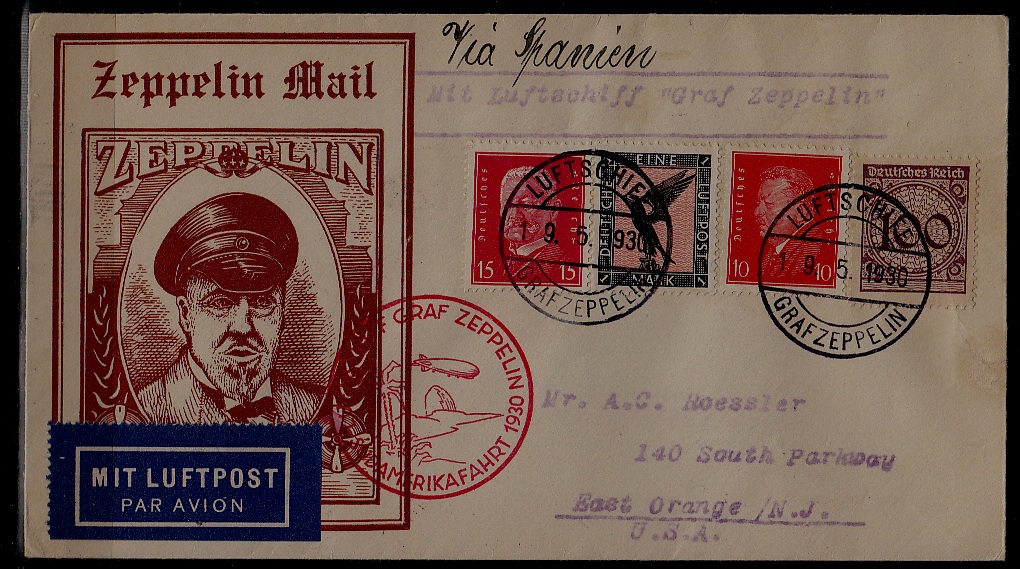 Germany/Spain/USA Zeppelin cover 19.5.30 boardpost
