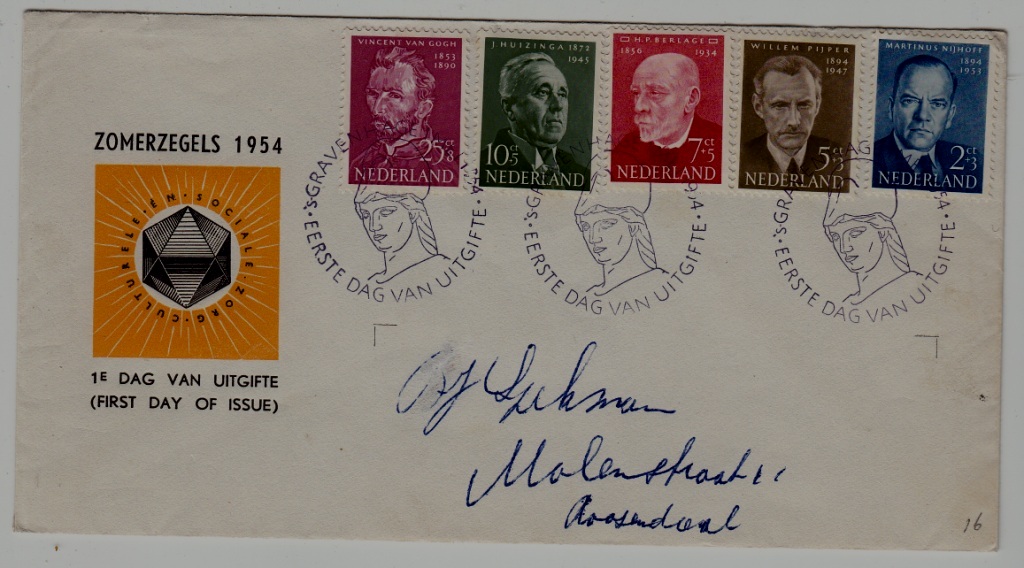 Netherlands E16 FDC Personalities 1954