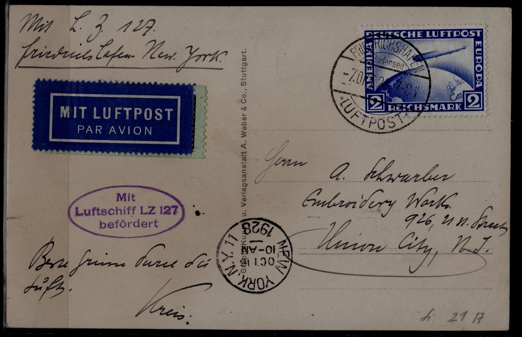 Germany/USA Zeppelin card LZ127 7.10.28 Friedrichshafen
