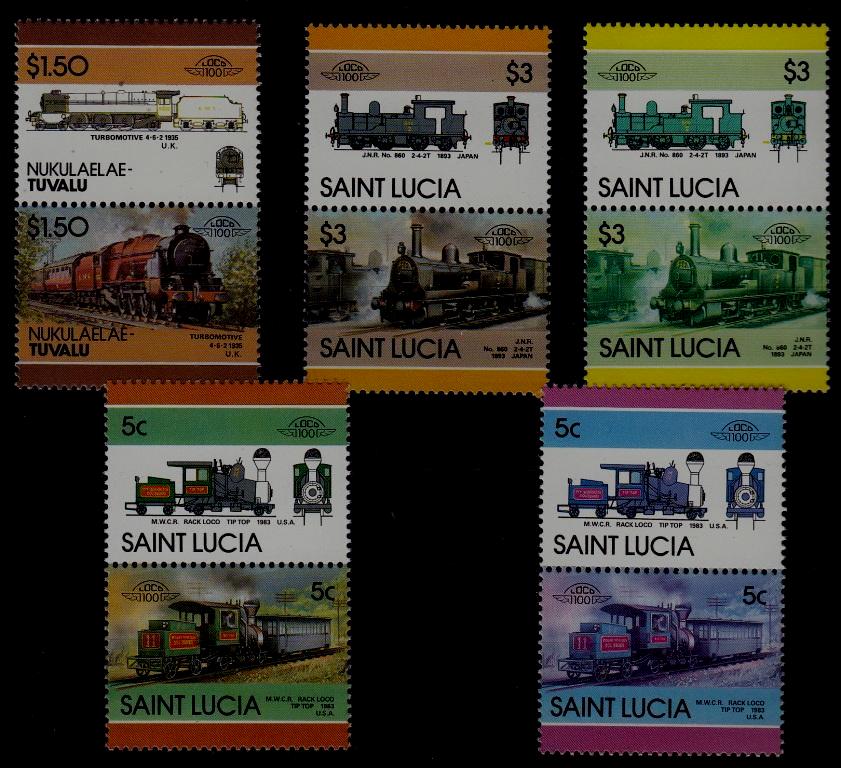 St.Lucia/Tuvalu/ 5 MNH pairs Trains/ errors