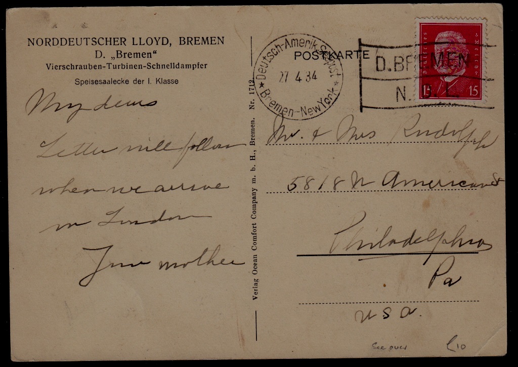 Germany Catapult card 27.4.34/ creased corner