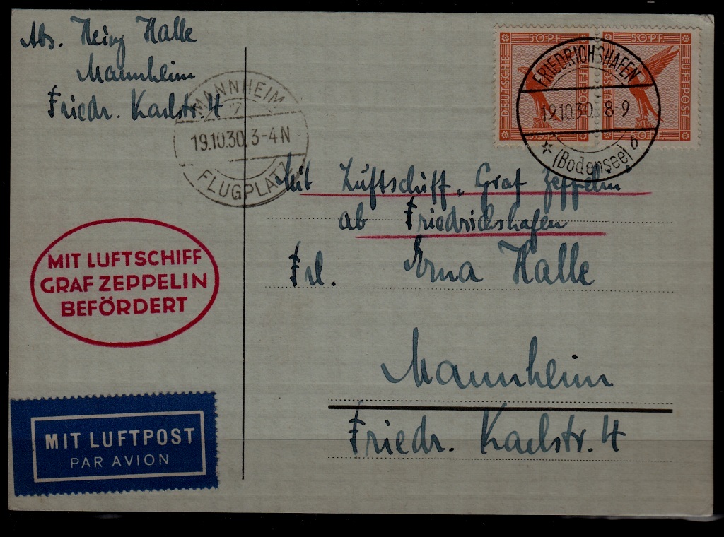 Germany Zeppelin card 19.10.30 Mannheim