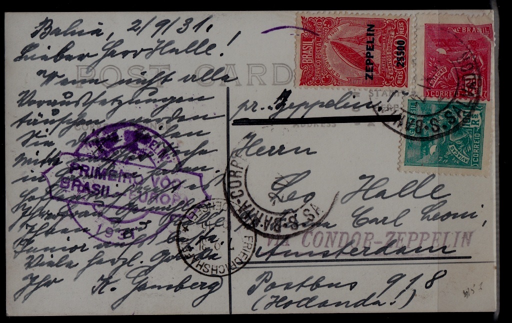 Brazil/Germany Zeppelin card 2.9.31 San Salvador