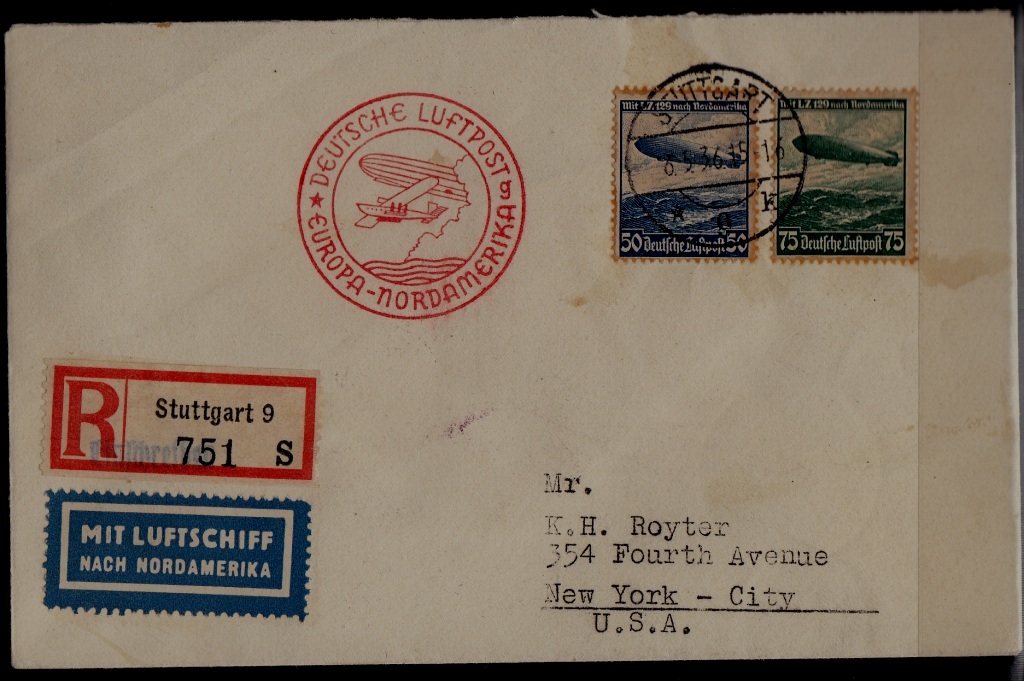 Germany/USA Zeppelin reg.cover  NAF 6.5.36 Stuttgart/crease