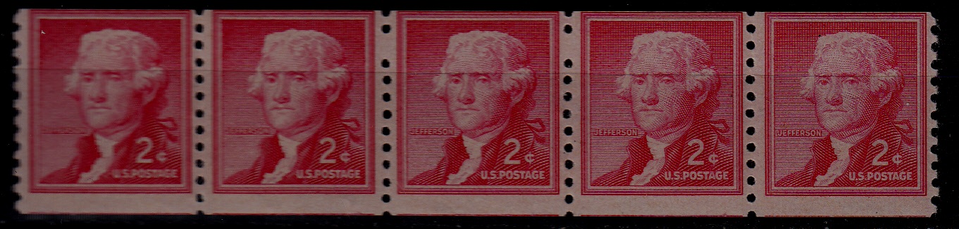 USA 1055 MNH stripe of 5/ miscut
