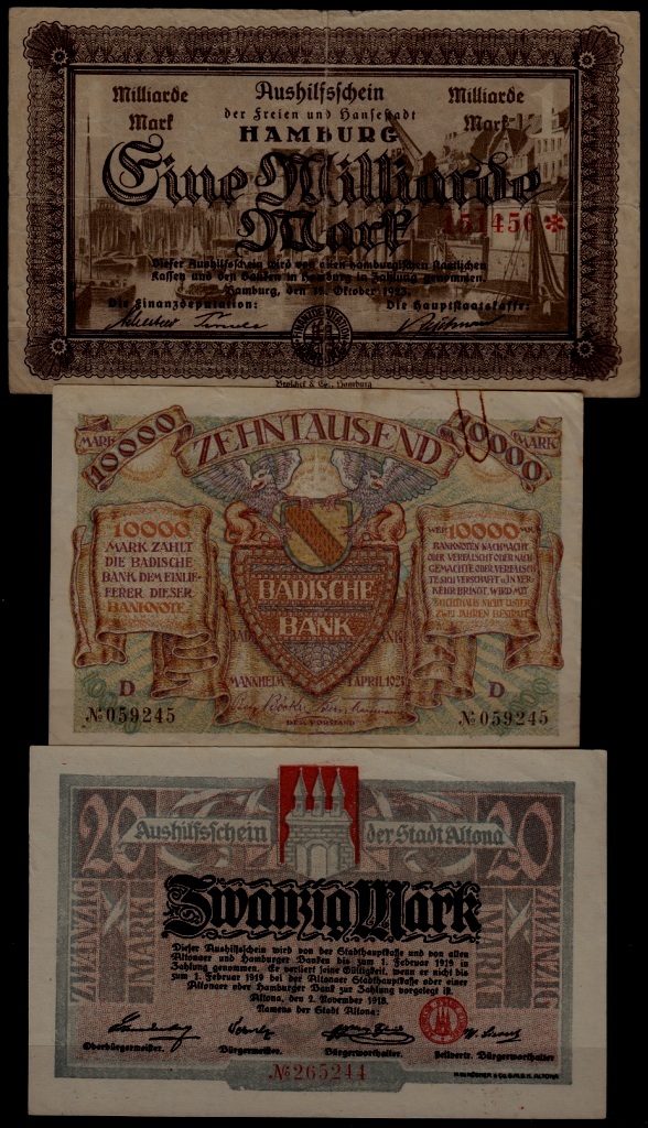 Germany 3 banknotes 1918-23/ VG to Unc.