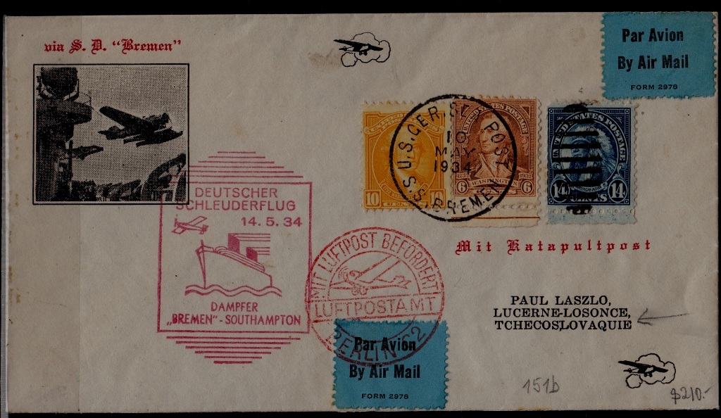 USA/Germany Catapult cover 14.5.34 Bremen-Southampton