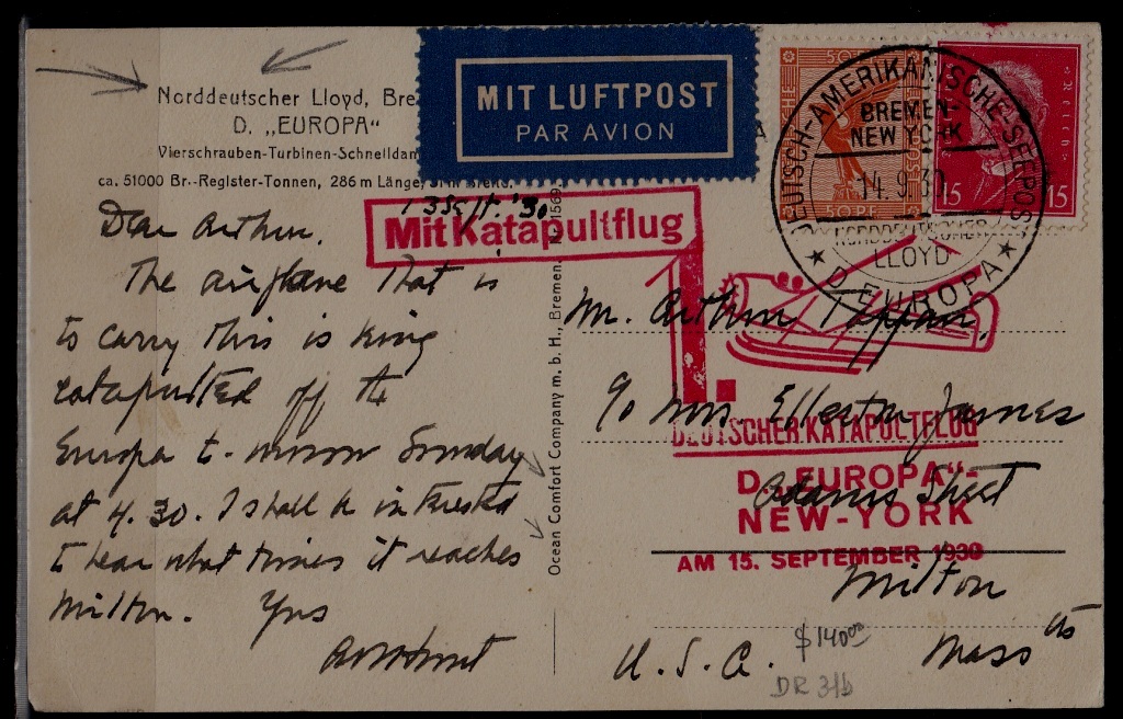 Germany Catapult card 15.9.30 Europa-NY /