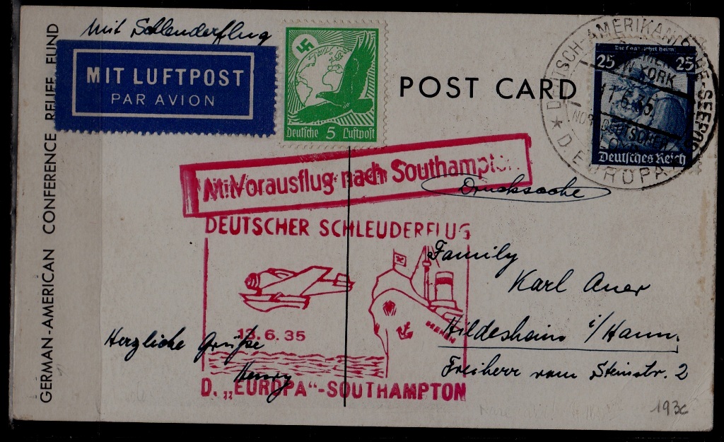 Germany Catapult card 13.6.35 Europa-Southampton/ light crease