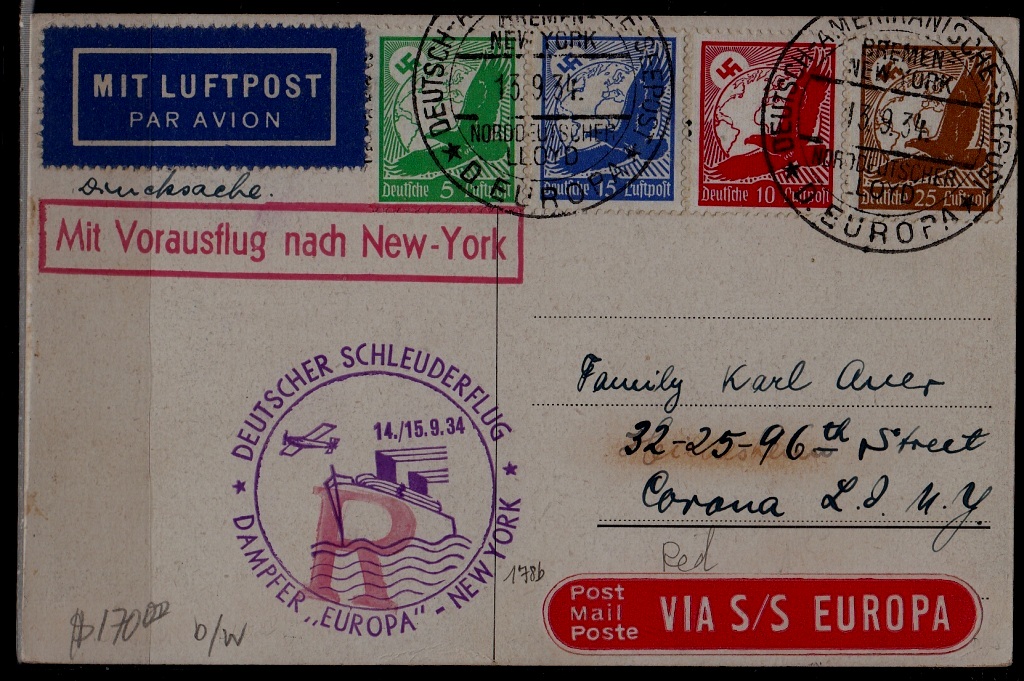 Germany Catapult card 14.9.34 Europa-NY