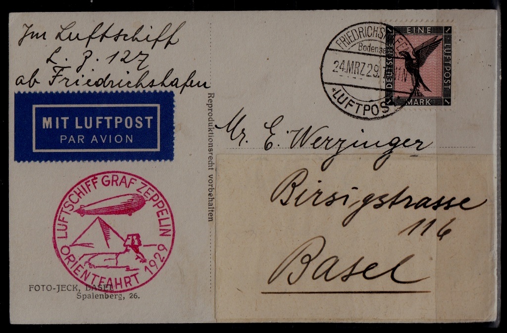 Germany Zeppelin card Orientfahrt 24.3.29 Friedrichshafen ^