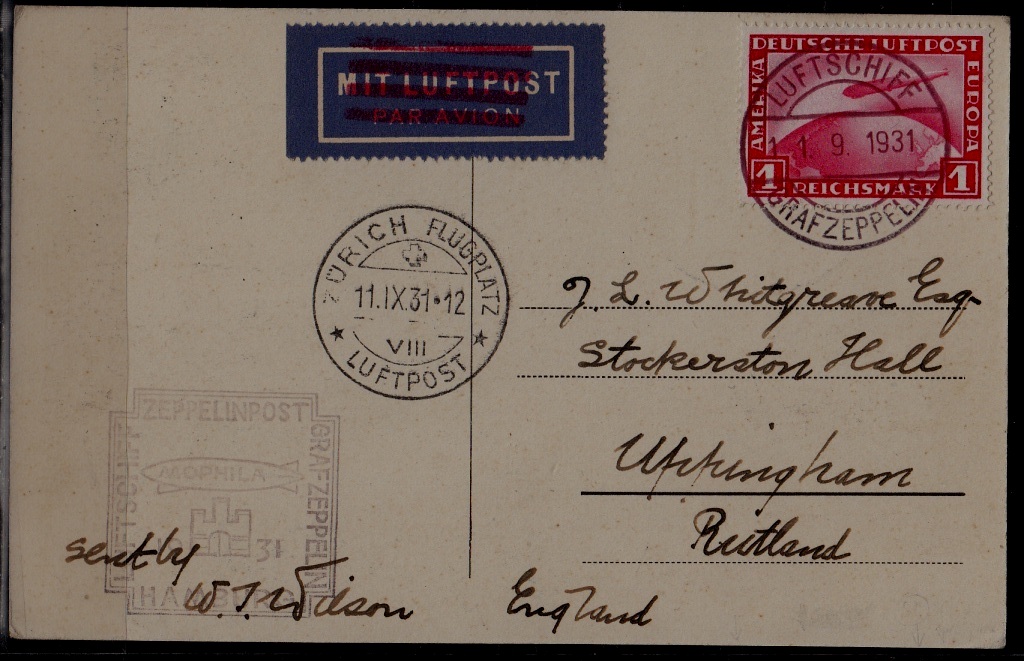 Germany/Switzerland Zeppelin card 11.9.31 Hamburg-Zurich+