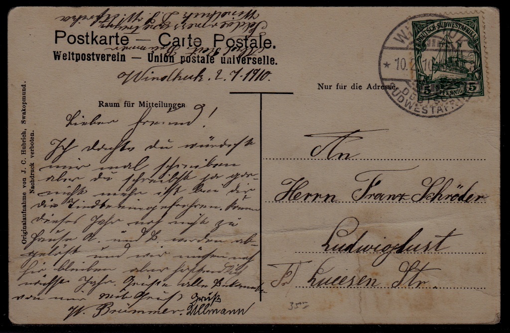 South West Africa (Germany col.) used card 10.2.10
