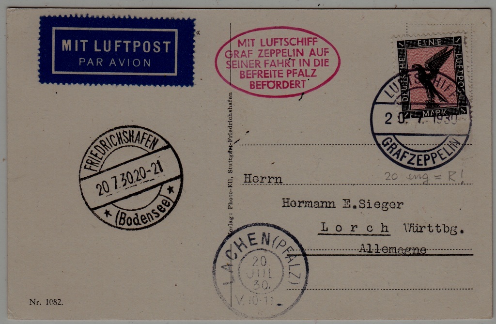 Germany Zeppelin card 20.7.30 Lachen