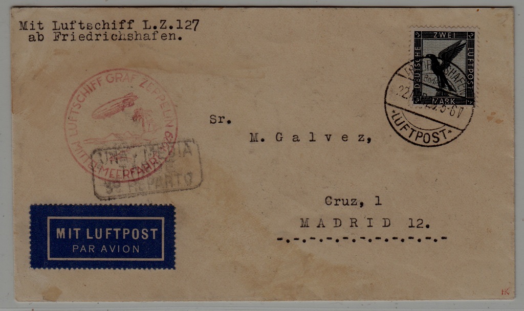 Germany/Spain Zeppelin cover Mittelmeerfahrt 22.4.29