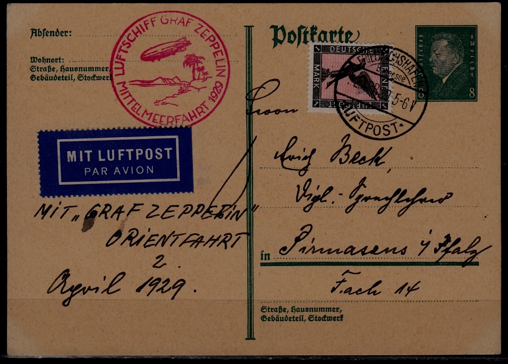 Germany Zeppelin card 22.4.29 Friedrichshafen
