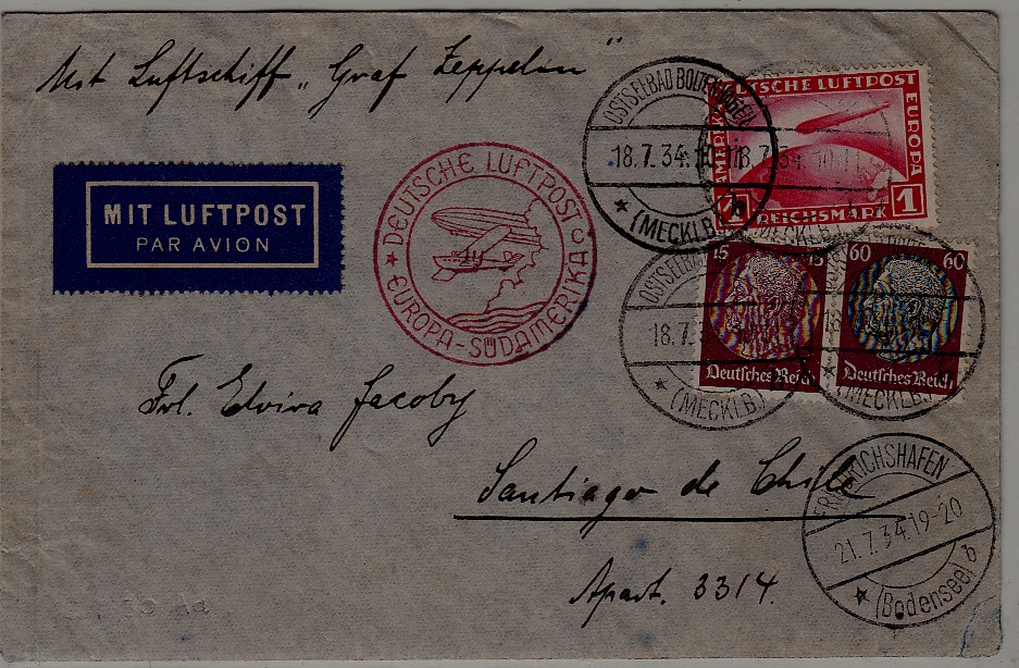 Germany/Chile Zeppelin card 18.7.34 Ostseebad