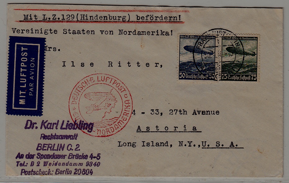 Germany/USA Zeppelin cover 6.5.36 Frankfurt