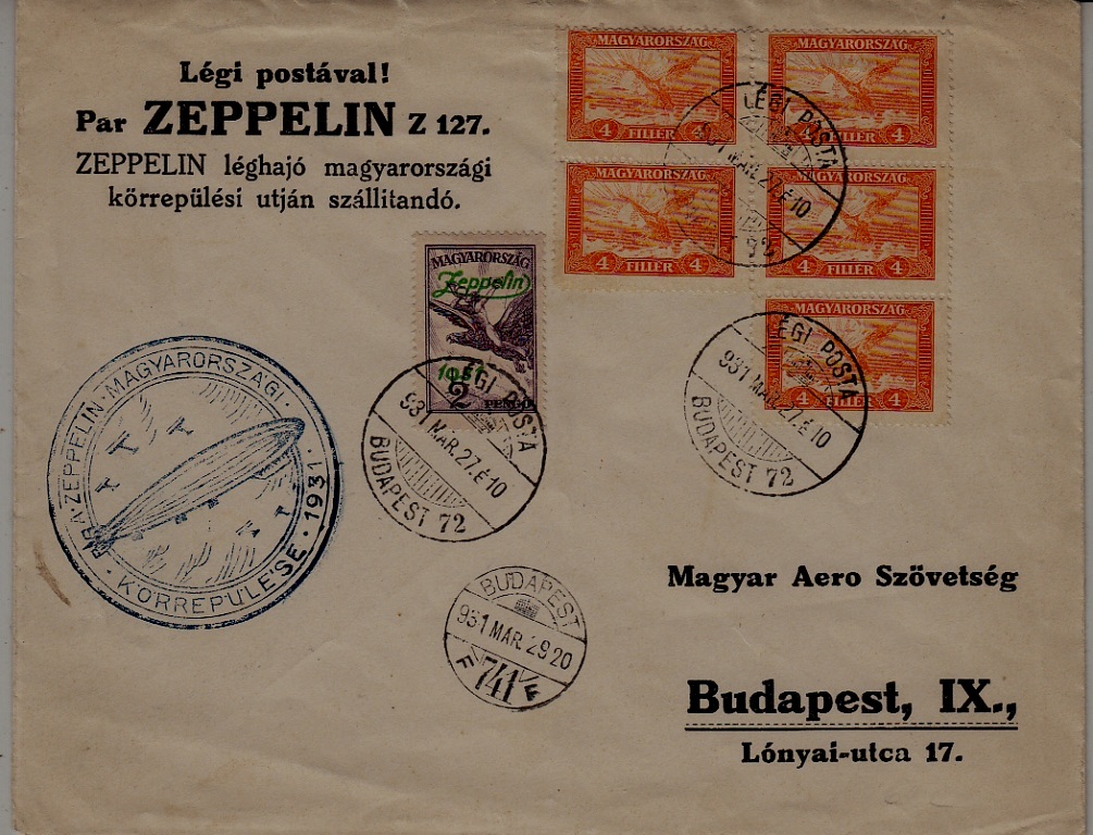 Hungary Zeppelin cover 27.3.31 Budapest/crease