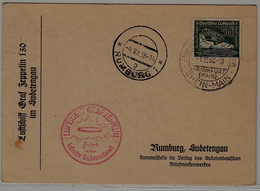 Germany Zeppelin card Sudetenland f. 1.12.38 Rumburg