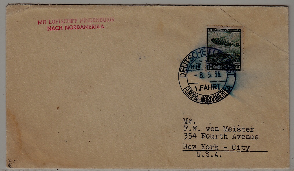 Germany/USA Zeppelin cover 1.NAF 8.5.36/ faults