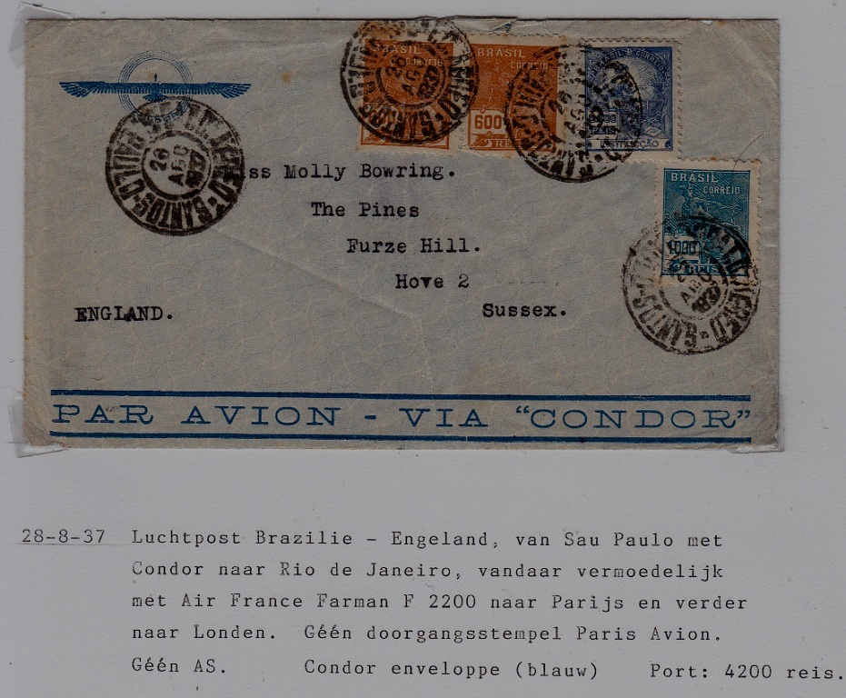 Brazil/UK airmail cover 28.8.37