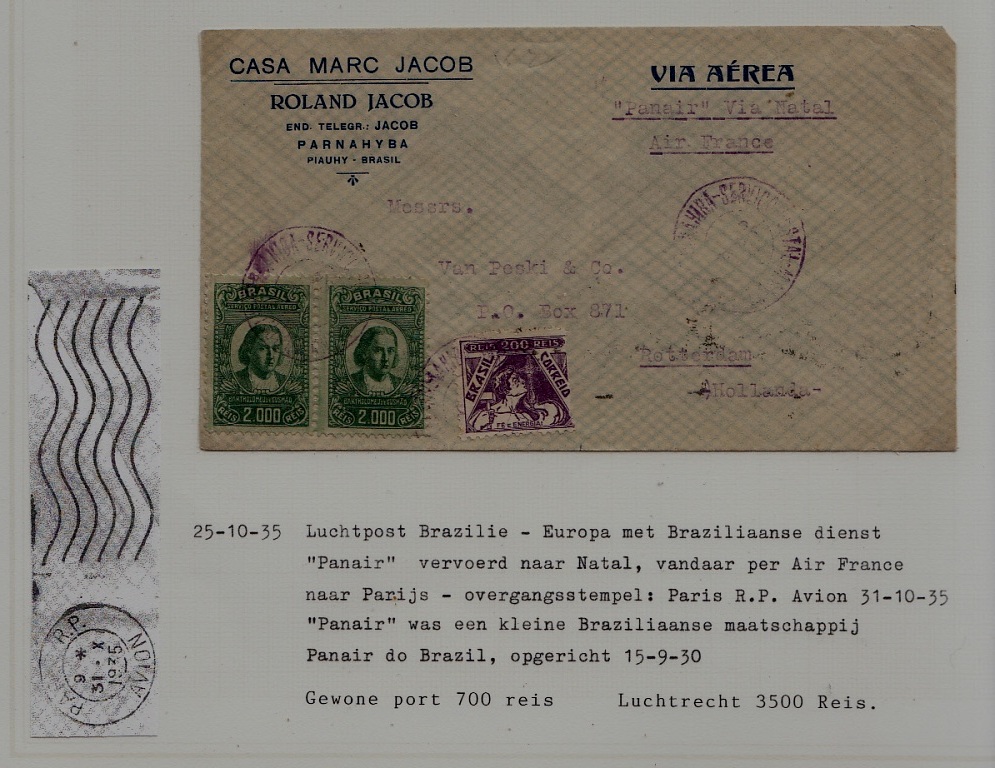 Brazil/France/Netherlands airmail cover 25.10.35