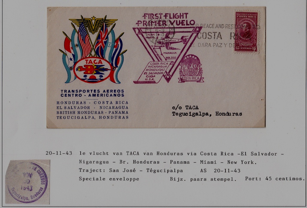 Costa Rica/Honduras airmail cover 20.11.43