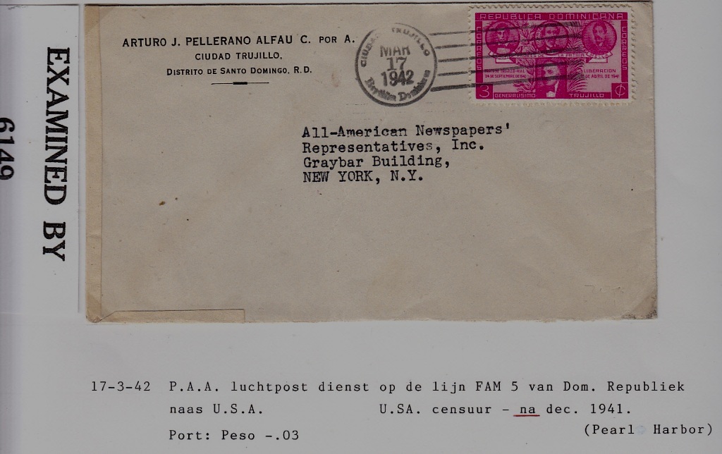 Dominicana/USA airmail cover 17.3.42