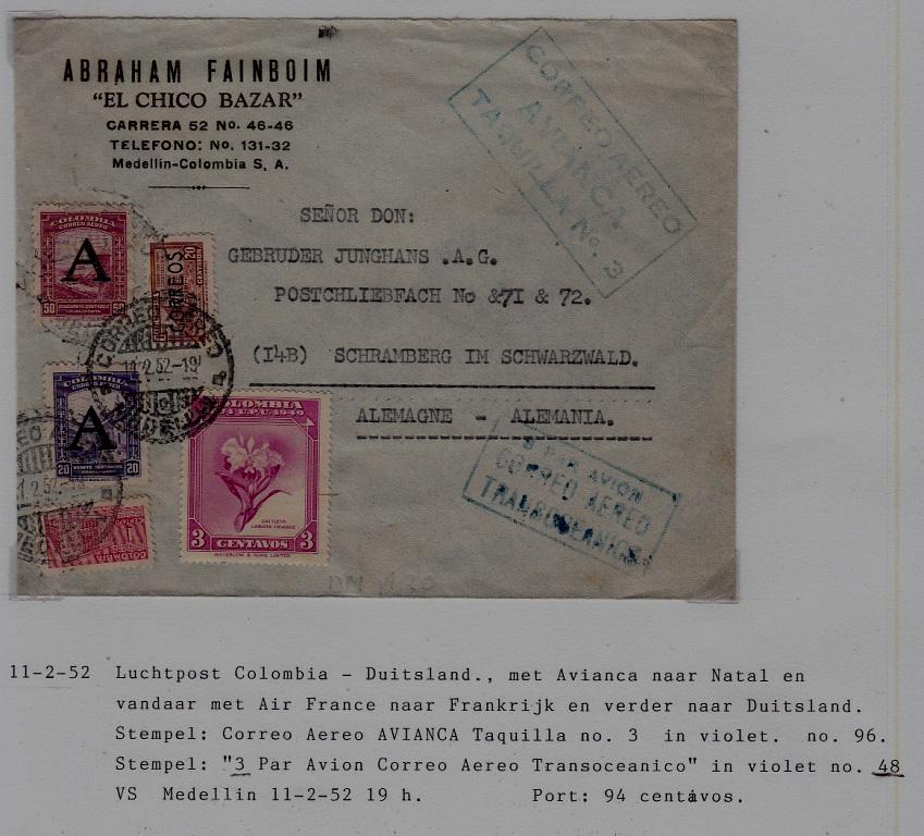 Colombia/Germany airmail cover 11.2.52