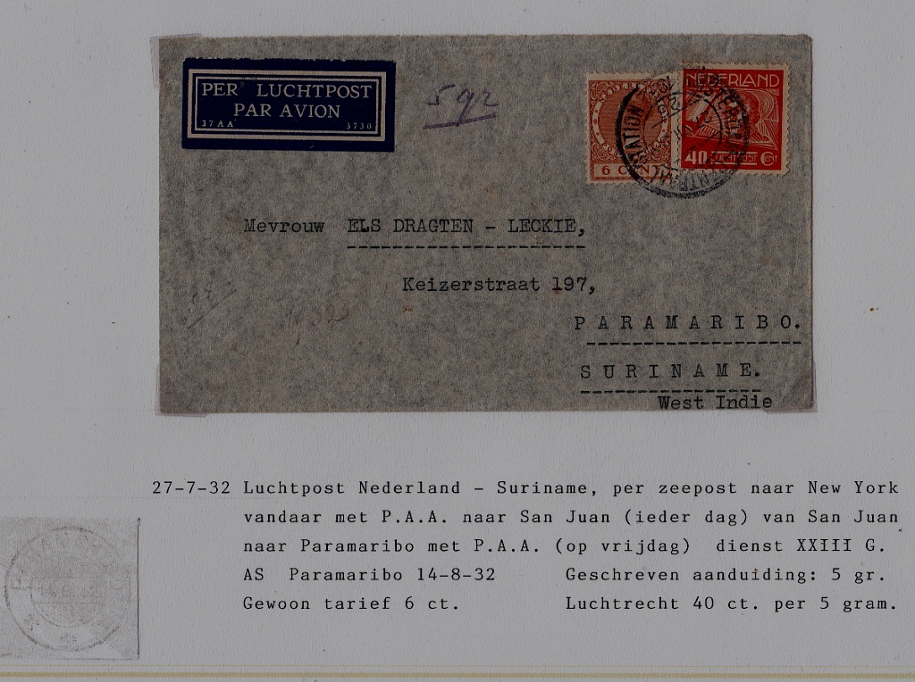 Netherlands/Suriname airmail cover 27.7.32
