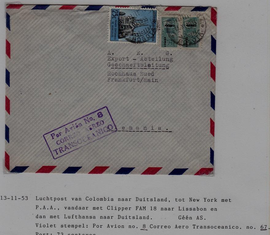 Colombia/Germany airmail cover 13.11.53