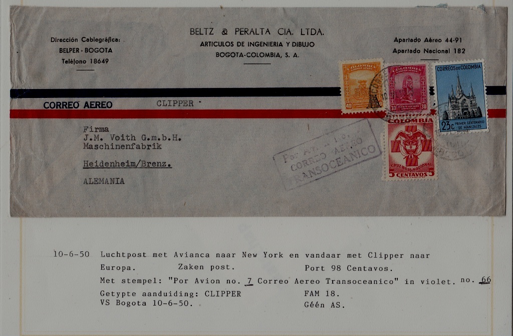 Colombia/Germany airmail cover 10.6.50