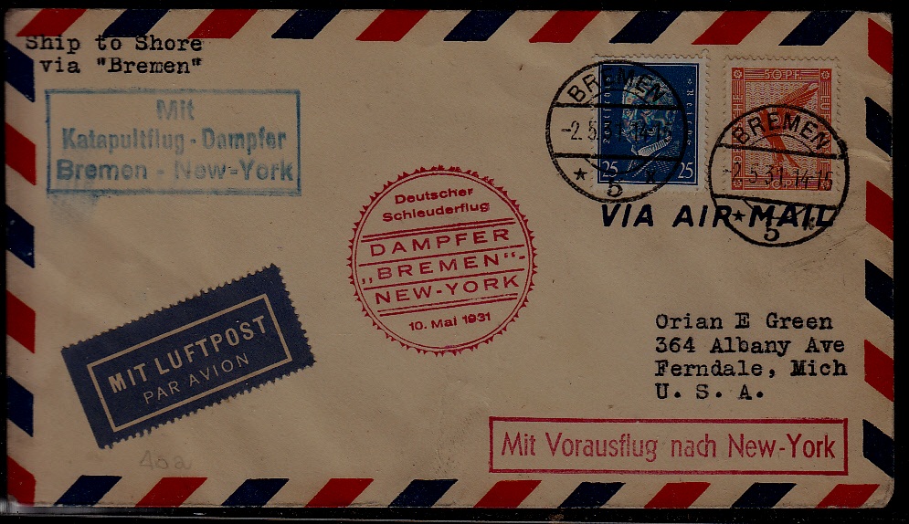 Germany Catapult cover 10.5.31 Bremen-NY signed Joffe