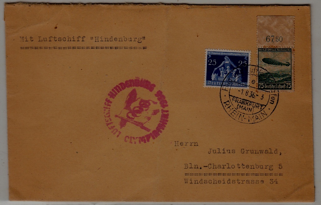 Germany Zeppelin cover folded Olympiafahrt 1.8.36 Frankfurt