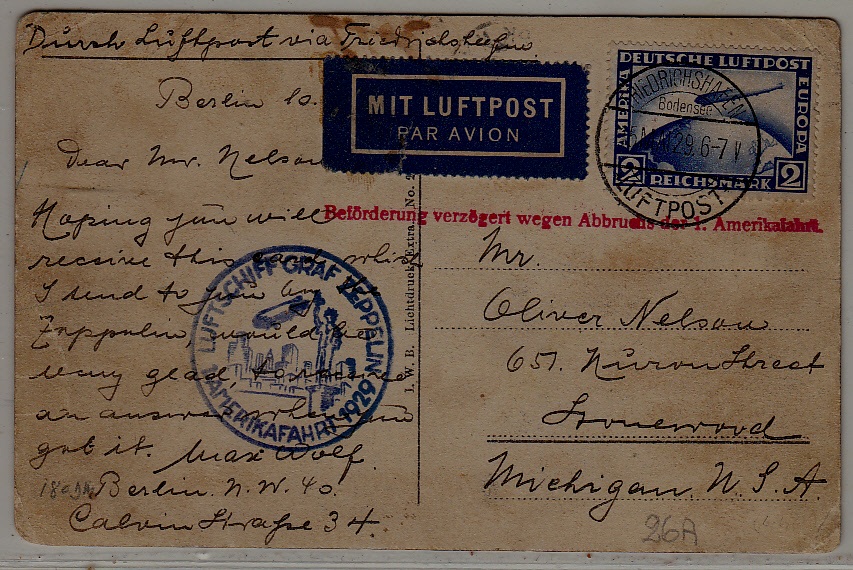 Germany/USA Zeppelin card 1.AMF 15.5.29 Friedrichshafen