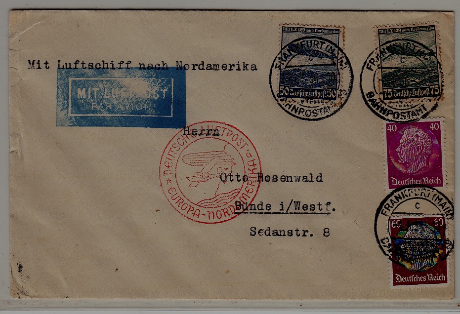 Germany/USA Zeppelin cover  1.5.36 Frankfurt