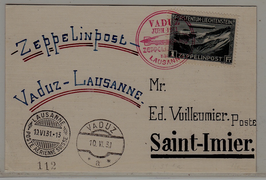 Liechtenstein/Switzerland Zeppelin card 10.6.31 Vaduz-Lausanne