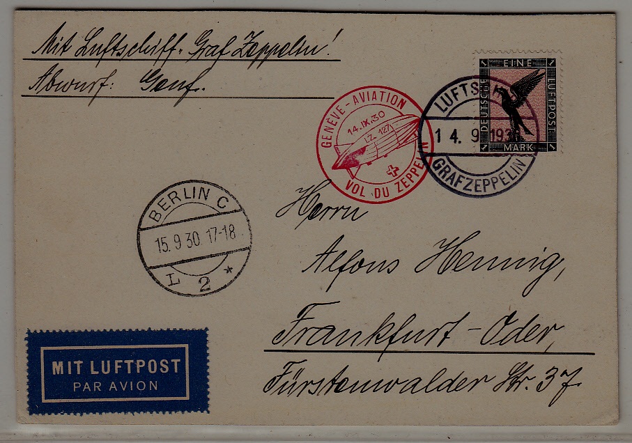 Germany/Switzerland Zeppelin card 14.9.30