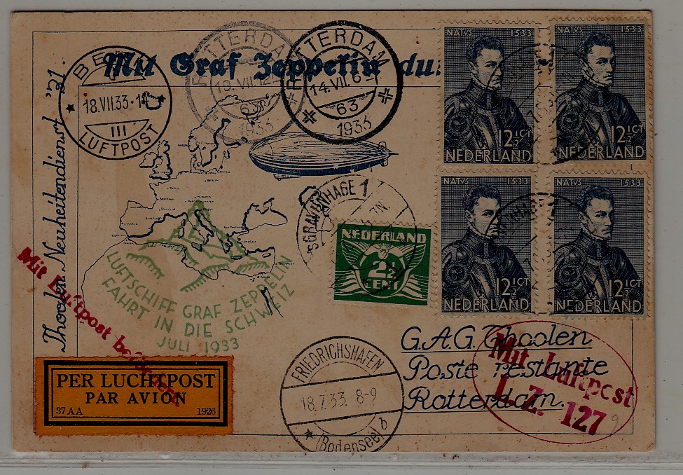 Netherlands/Switzerland/Germany Zeppelin card 14.7.33 Rotterdam