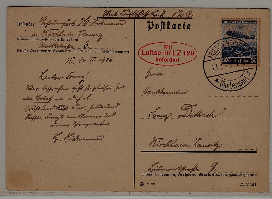 Germany Zeppelin card 23.3.36 Friedrichshafen