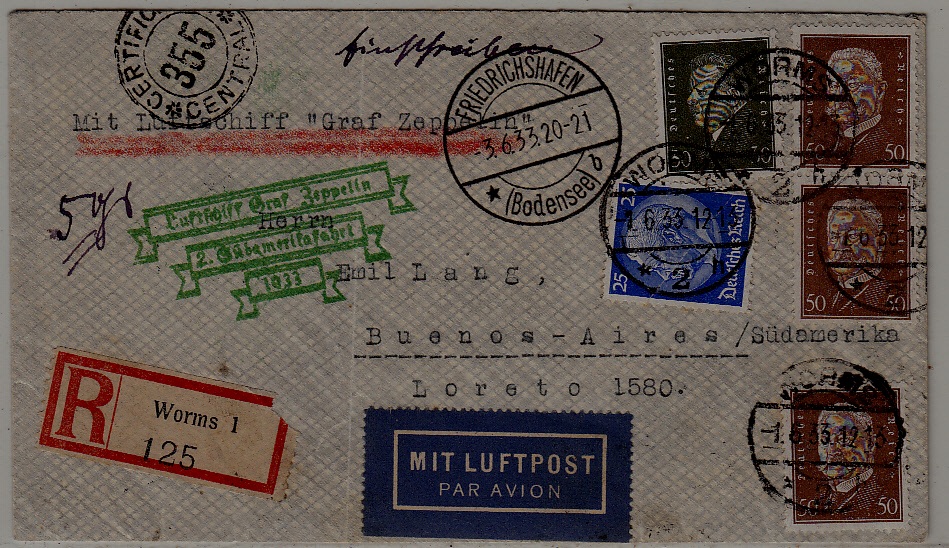 Germany/Argentina Zeppelin cover 2.SAF folded 1.6.33 Worms