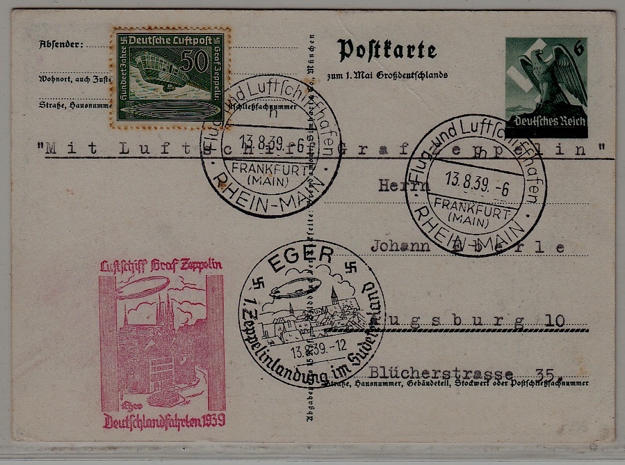Germany Zeppelin card 13.8.39 Eger/ faults