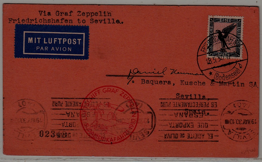 Germany/Spain/USA Zeppelin card 18.5.30