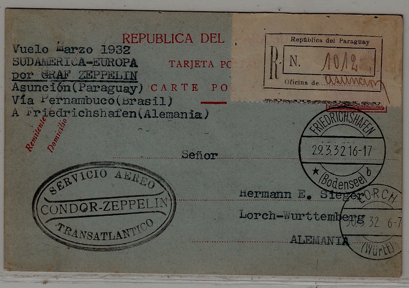 Paraguay/Germany Zeppelin reg.card 29.3.32
