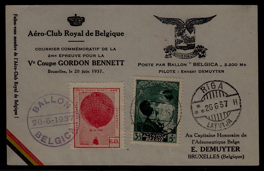 Belgium/Latvia Airmail card Gordon Bennett 20.6.37