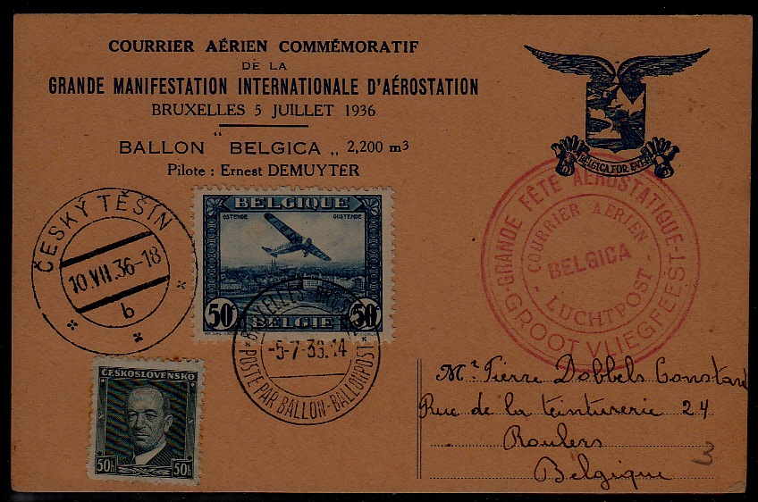 Belgium/Czechoslovakia airmail card Ballon flight 10.7.36
