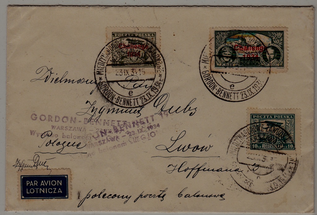 Poland Airmail cover Gordon Bennett 23.9.34